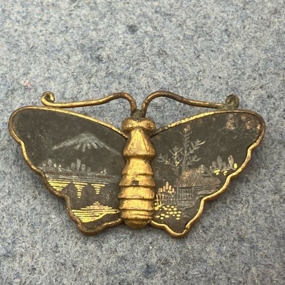 Komai Butterfly Pin Brooch Meiji Japanese As Is Vintage Gold Inlay Retro BoHo - Picture 2 of 10